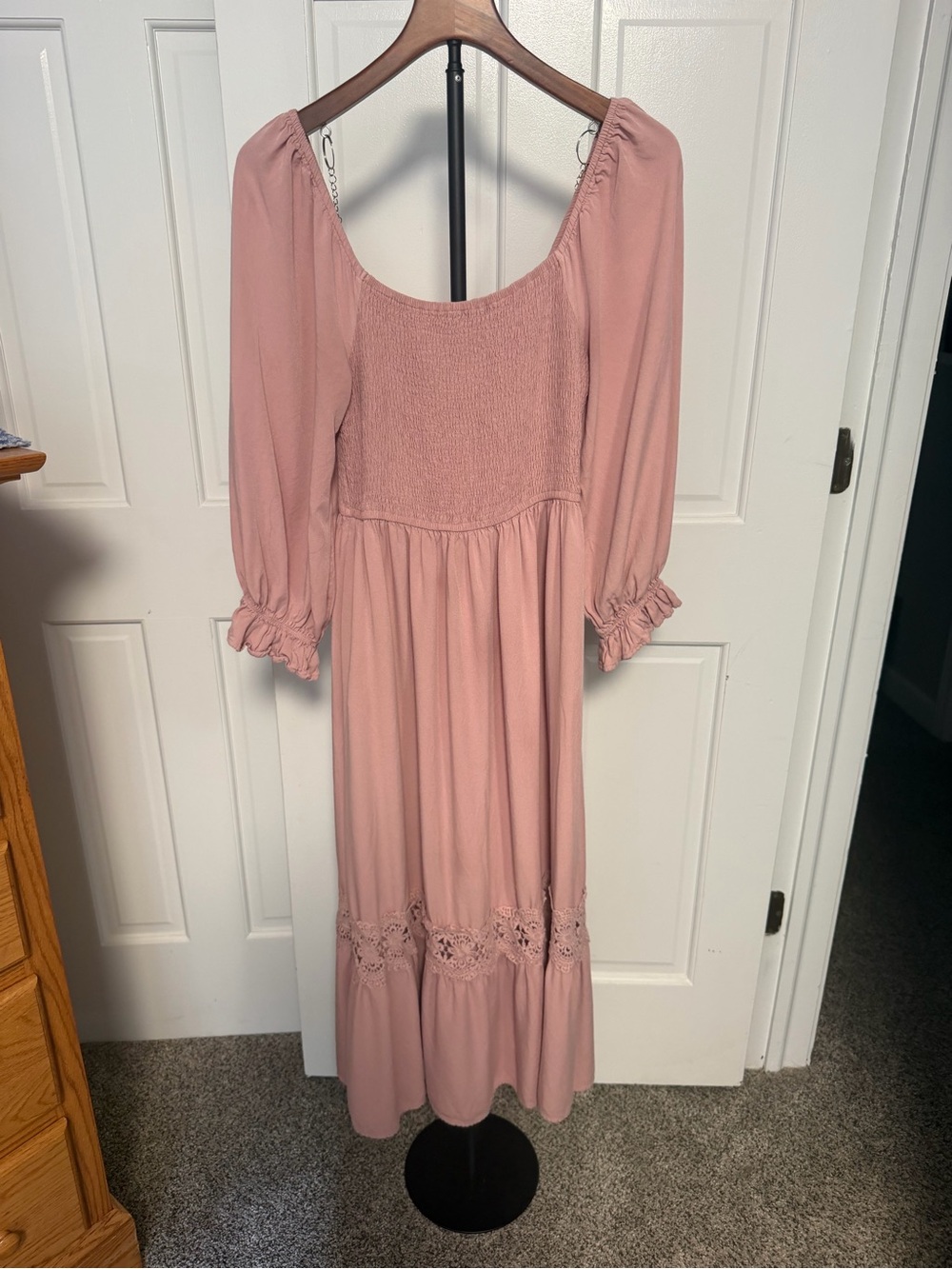 Zesica Pink Smocked Ruffle Maxi Dress Puff Sleeve Square Neck Size Medium